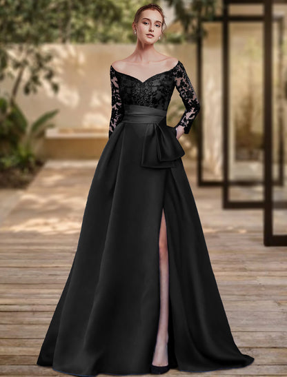 Sheath / Column Evening Gown High Split Dress Formal Wedding Guest Sweep / Brush Train 3/4 Length Sleeve Off Shoulder  with Bow(s) Sequin Slit dress