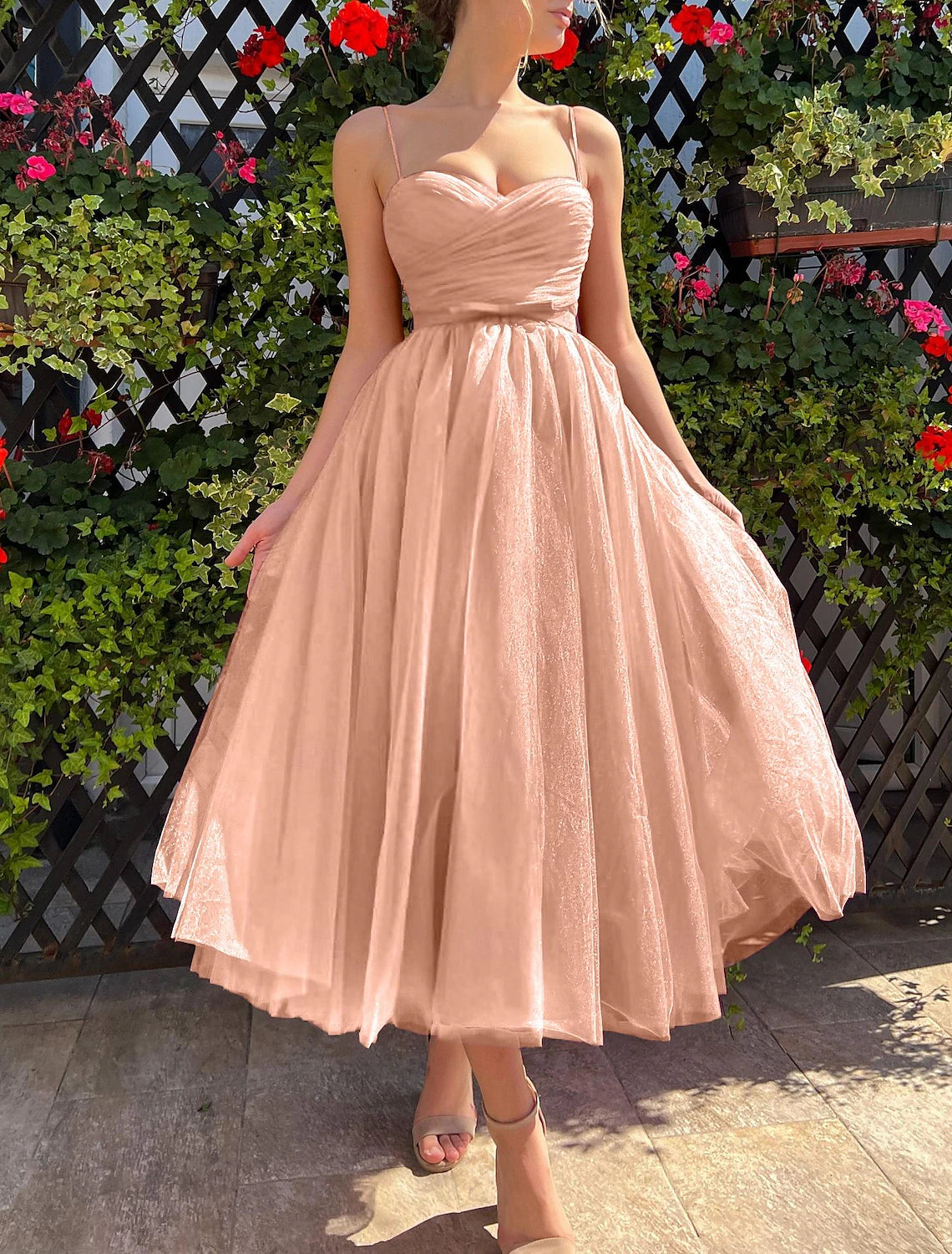 A-Line Evening Gown Elegant Dress Wedding Guest Graduation Tea Length Sleeveless Spaghetti Strap Bridesmaid Dress Tulle with Sash / Ribbon Pure Color