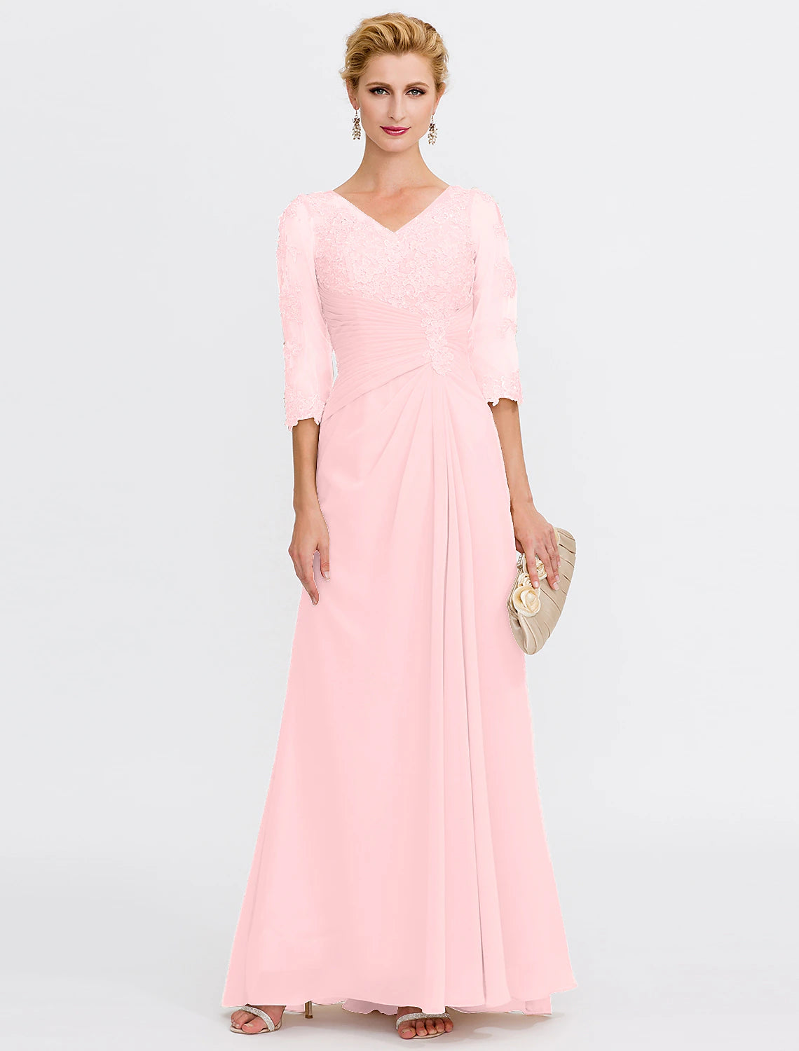 Beach Wedding A-Line Mother of the Bride Dress Wedding Guest Elegant Plus Size See Through V Neck Floor Length Chiffon Half Sleeve with Appliques