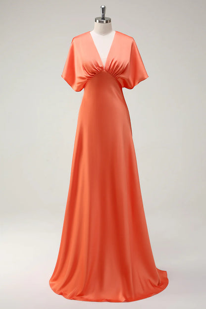 Sunset A-Line Satin V-Neck Long Bridesmaid Dress with Short Sleeves