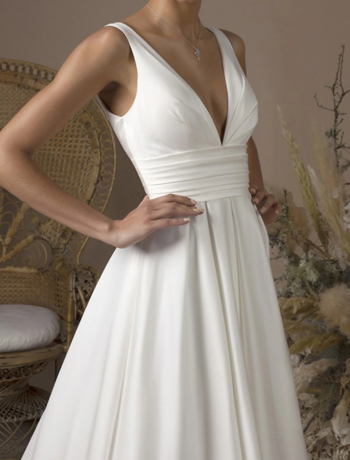 Hall Casual Wedding Dresses A-Line V Neck Sleeveless Sweep / Brush Train Satin Bridal Gowns With Pleats