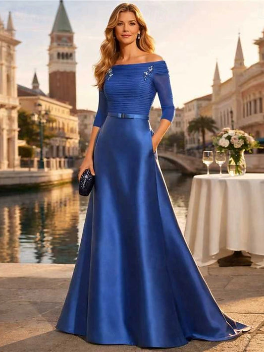 A-Line Floor Length Wedding Guest Dress Formal Dresses Evening Gown Mother of the Bride Dress Half Sleeve Off Shoulder Elegant Minimalist Mother Engagement Formal Evening Chiffon Satin with Ruched