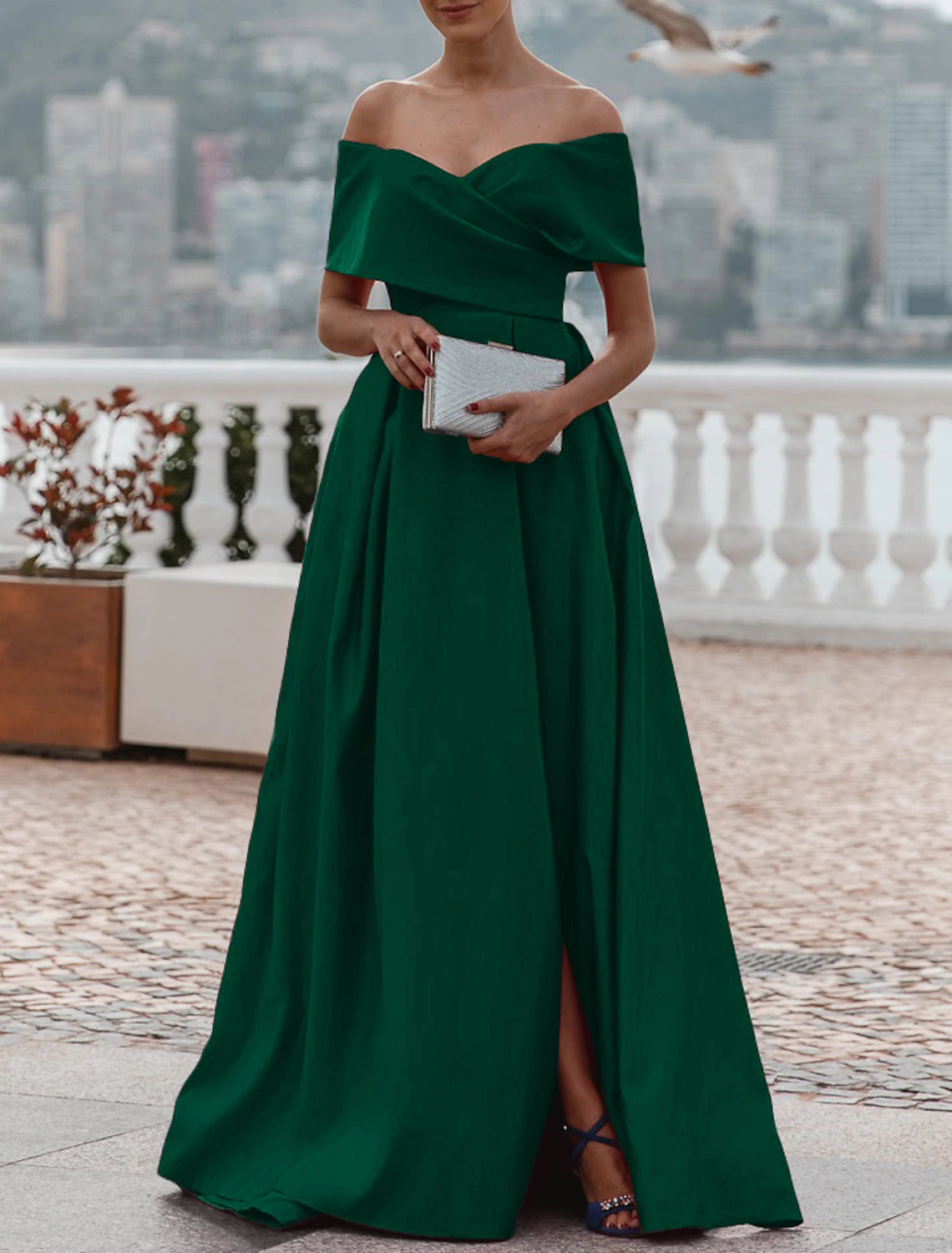 A-Line Evening Dress Wedding Guest Party Dress Celebrity Style Dress Formal Wedding Court Train Sleeveless Off Shoulder Bridesmaid Dress Satin with Ruched Slit dress