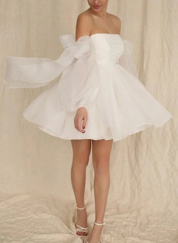 A-Line Puff Long Sleeves Short Wedding Dresses With Bows