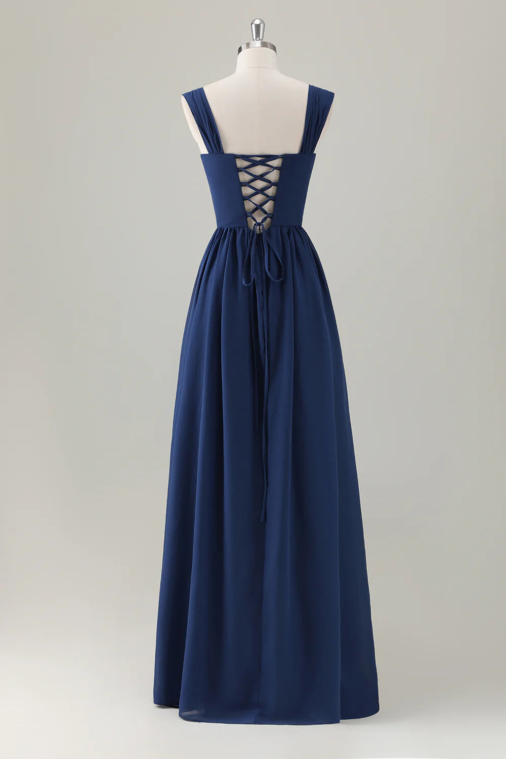 A-Line Square Neck Corset Dark Blue Long Bridesmaid Dress with Lace Up Back