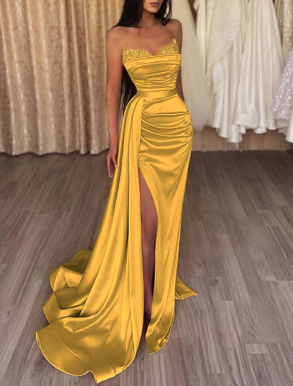 Mermaid Ruched Evening Dress Wedding Guest Satin Dress Cocktail Party Prom Court Train Sleeveless Strapless Bridesmaid Dress with Beading Sequin Pure Color dress to impress