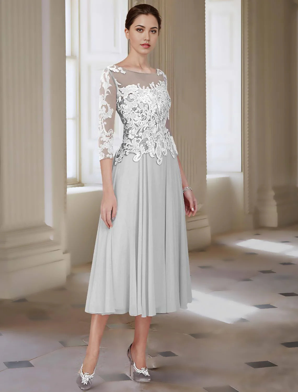 A-Line Mother of the Bride Dress Elegant Jewel Neck Asymmetrical Ankle Length Chiffon Lace 3/4 Length Sleeve with Appliques