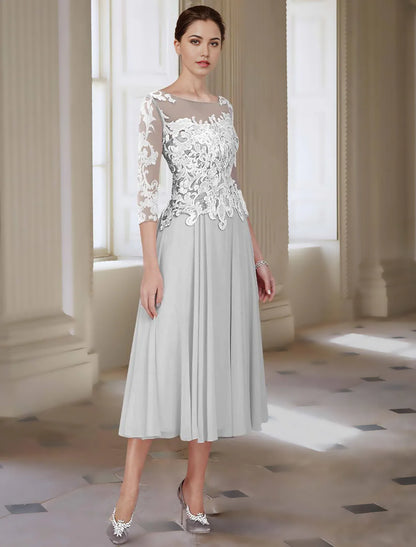 A-Line Mother of the Bride Dress Elegant Jewel Neck Asymmetrical Ankle Length Chiffon Lace 3/4 Length Sleeve with Appliques