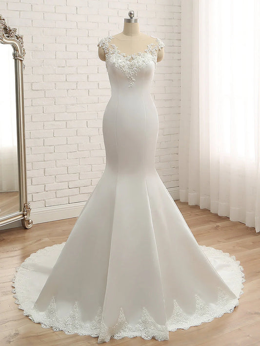 Trumpet/Mermaid Scoop Sleeveless Applique With Beading Lace Satin Court Train Wedding Dresses