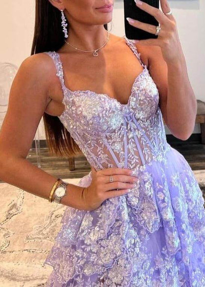 A-Line Lace Off-the-Shoulder Tiered Long Prom Dress with Slit