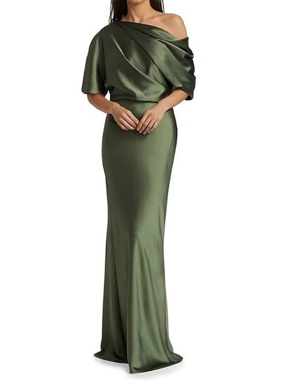 Sheath/Column Elastic Woven Satin Ruched One-Shoulder 1/2 Sleeves Floor-Length Mother of the Bride Dresses