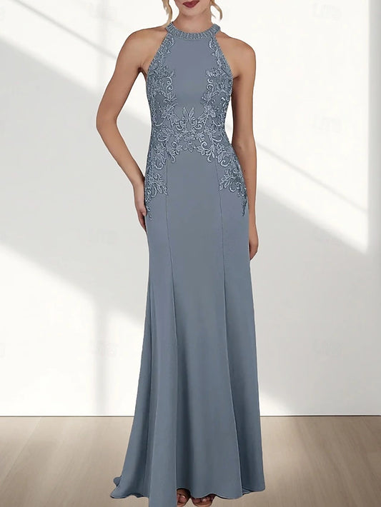 Slate Blue Halter Lace Mermaid Gown - Beaded Formal Evening Dress