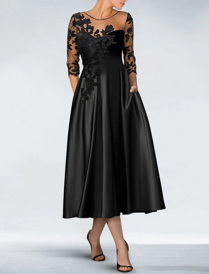 A-Line Cocktail Black Dress Appliques Elegant Dress Fall Wedding Guest Dress For Mother Knee Length 3/4 Length Sleeve Off Shoulder Pocket Satin with Beading Pocket dress