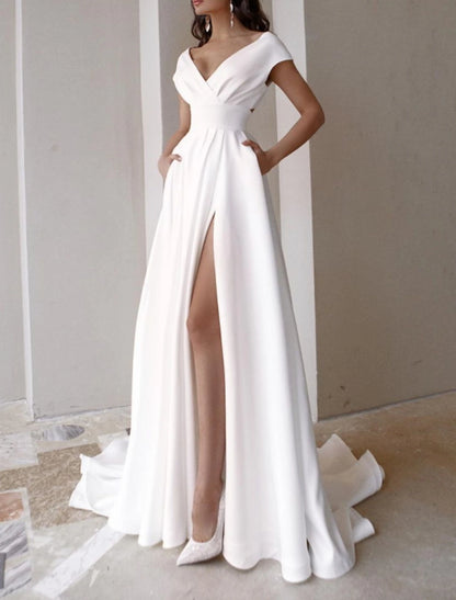 Hall Casual Wedding Dresses A-Line V Neck Cap Sleeve Sweep / Brush Train Stretch Fabric Bridal Gowns With Split Front