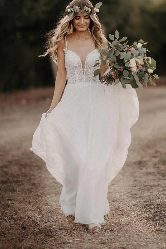 Fairy A-Line V-Neck Chiffon Long Wedding Dresses with Appliques