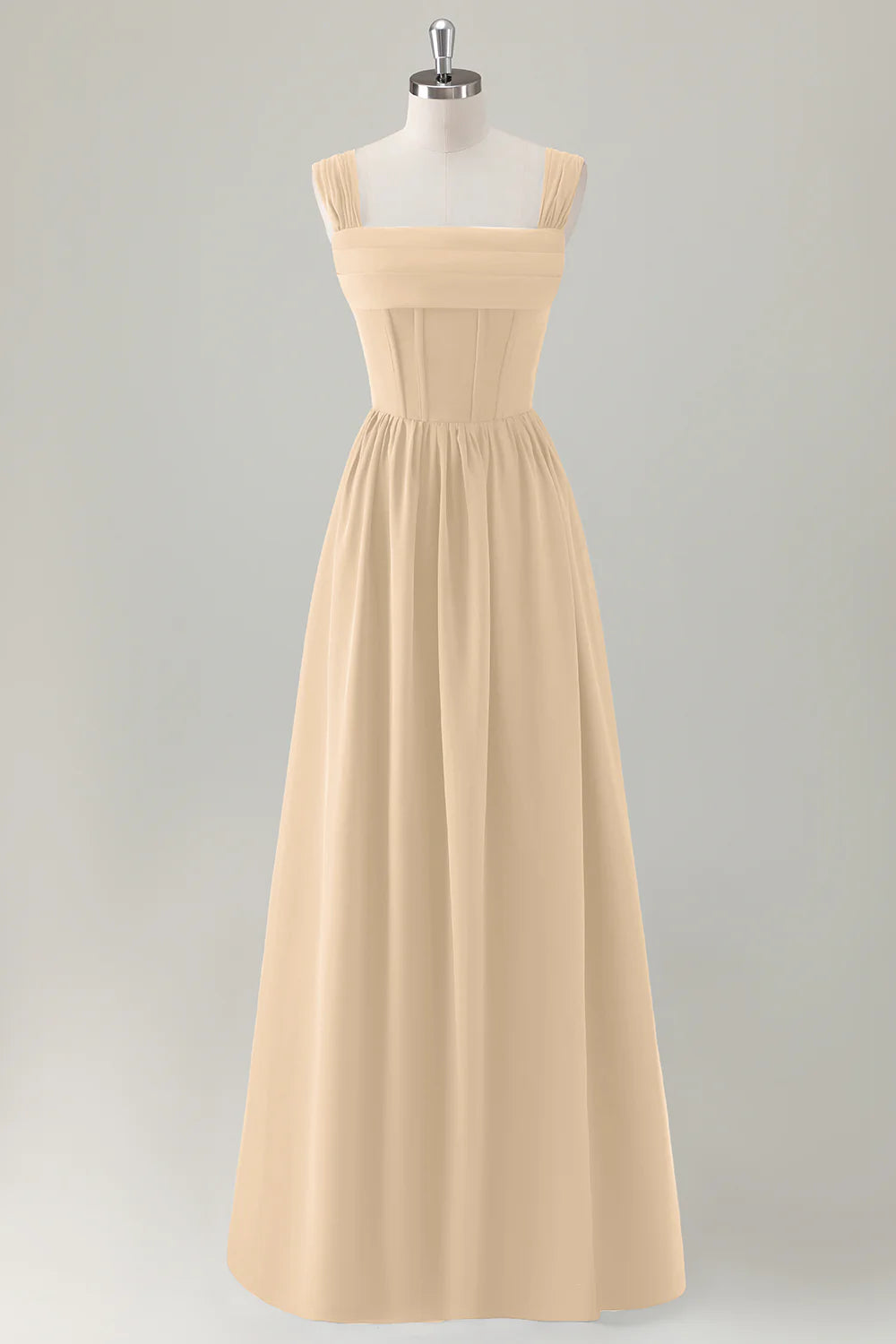 Champagne A-Line Square Neck Corset Long Bridesmaid Dress with Lace Up Back