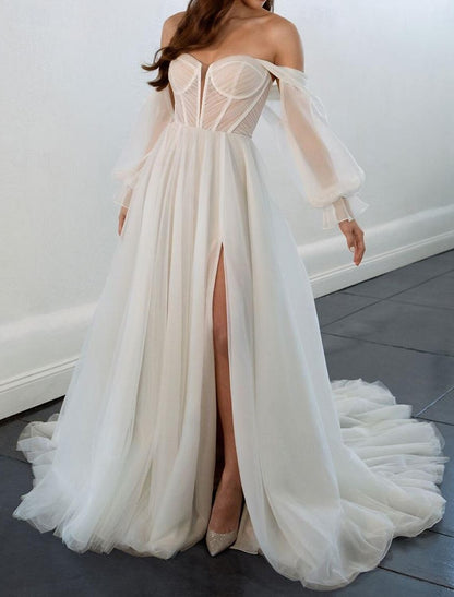 Wedding Dresses A-Line Off Shoulder Long Sleeve Court Train Chiffon Bridal Gowns With Ruched