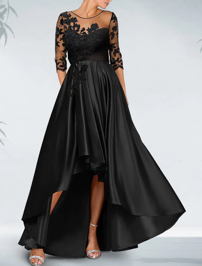 Sheath Cocktail Dresses Luxurious Dress Formal Wedding Guest Asymmetrical 3/4 Length Sleeve Off Shoulder Pocket Satin with Beading Appliques