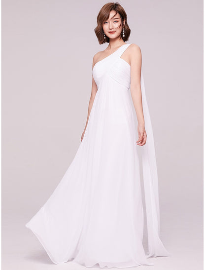 A-Line Evening Gown Empire Dress Wedding Guest Formal Evening Floor Length Sleeveless One Shoulder Bridesmaid Dress Chiffon Backless with Pleats Draping