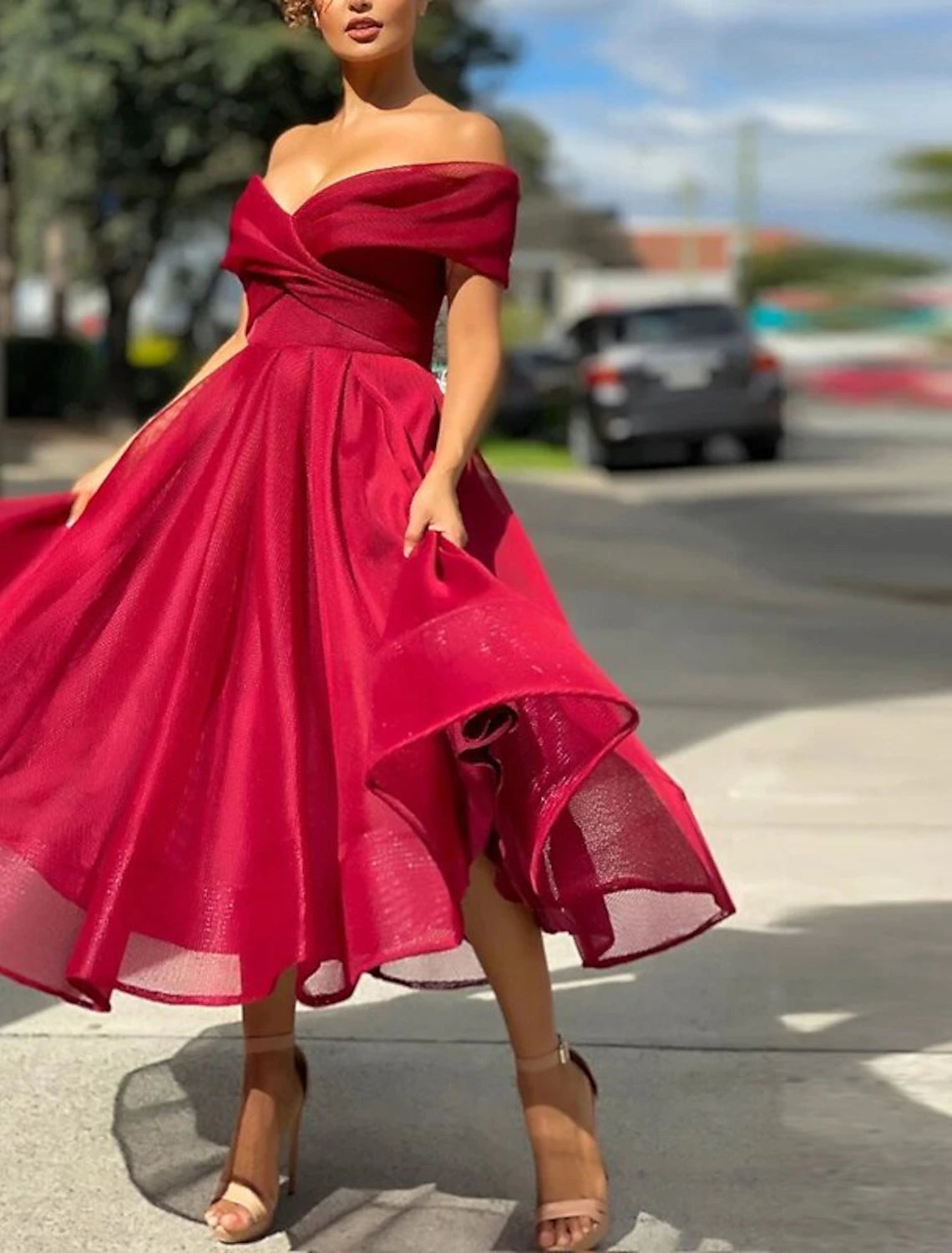 A-Line Cocktail Dresses Vintage Dress Wedding Guest Tea Length Sleeveless Off Shoulder Tulle with Pleats