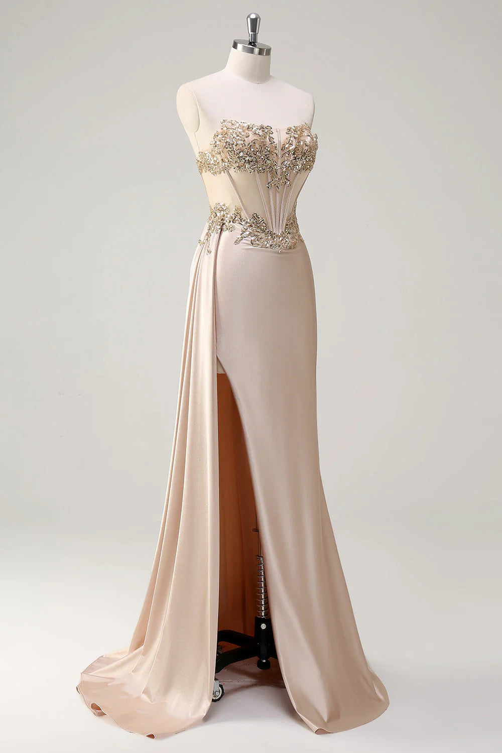 Champagne Strapless Mermaid Satin Side Cape Prom Dress with Sequins