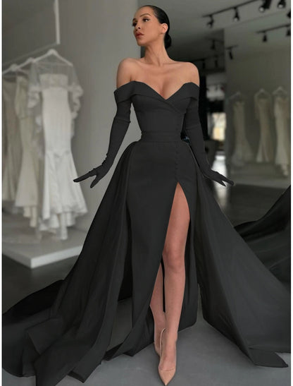 A-Line Evening Gown Elegant Dress Formal Court Train Long Sleeve Off Shoulder Satin with Buttons Pleats Slit dress