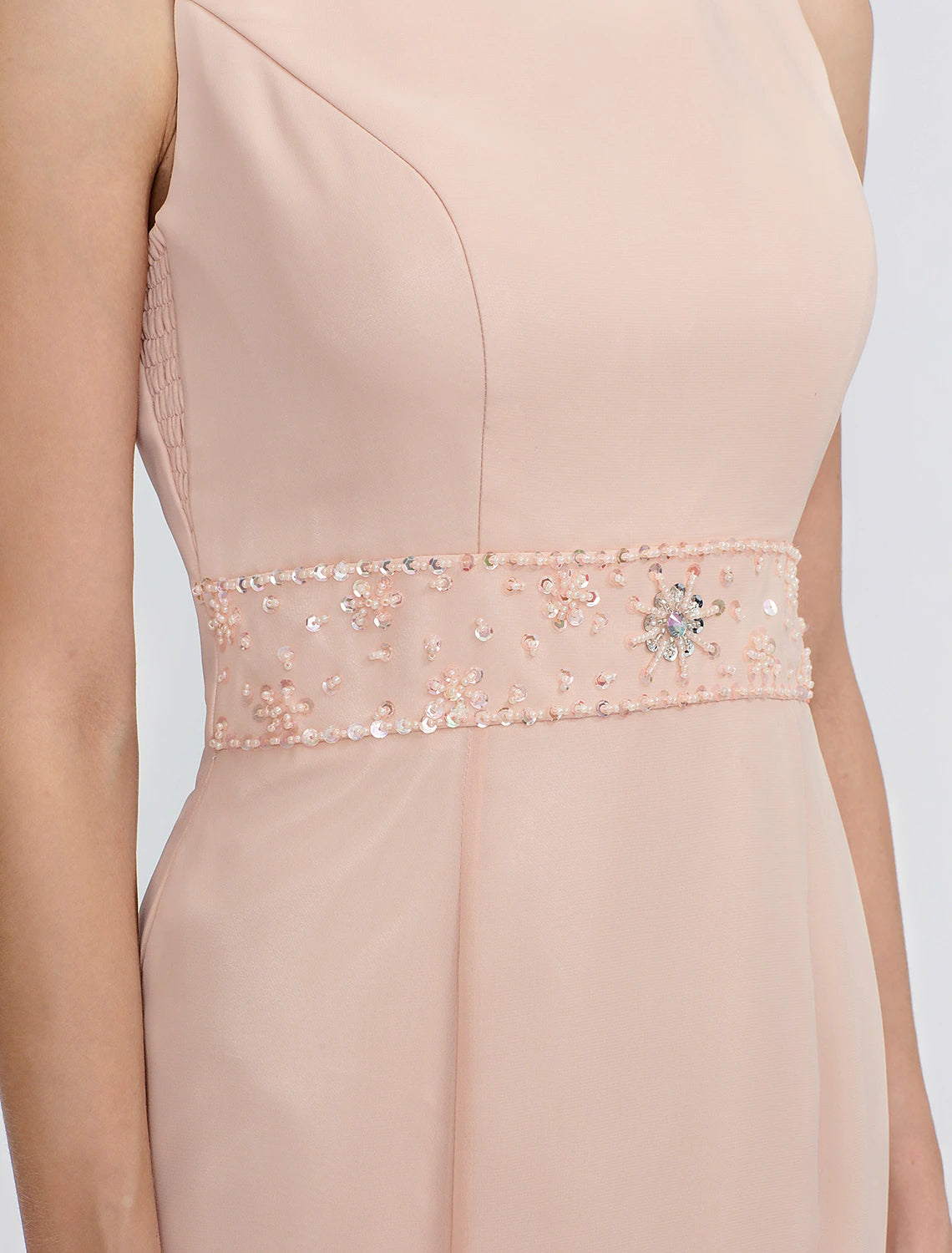 Beach Wedding Two Piece Sheath Mother of the Bride Dress Wedding Guest Elegant Plus Size Jewel Neck Tea Length Chiffon Sleeveless Wrap Included with Sash / Ribbon Pleats Beading