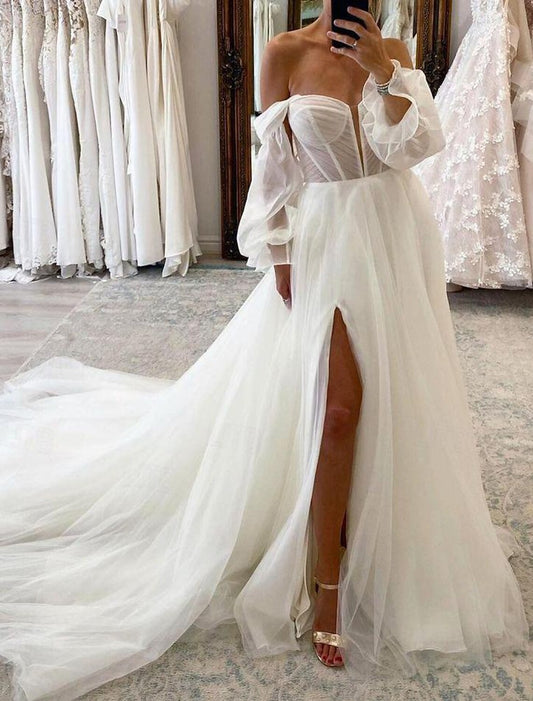 Hall Vintage Wedding Dresses A-Line Off Shoulder Long Sleeve Court Train Chiffon Bridal Gowns With Ruched