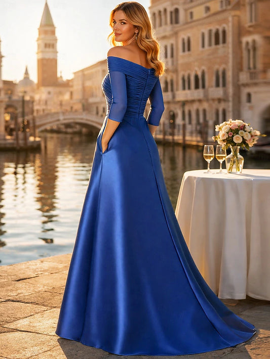 A-Line Floor Length Wedding Guest Dress Formal Dresses Evening Gown Mother of the Bride Dress Half Sleeve Off Shoulder Elegant Minimalist Mother Engagement Formal Evening Chiffon Satin with Ruched