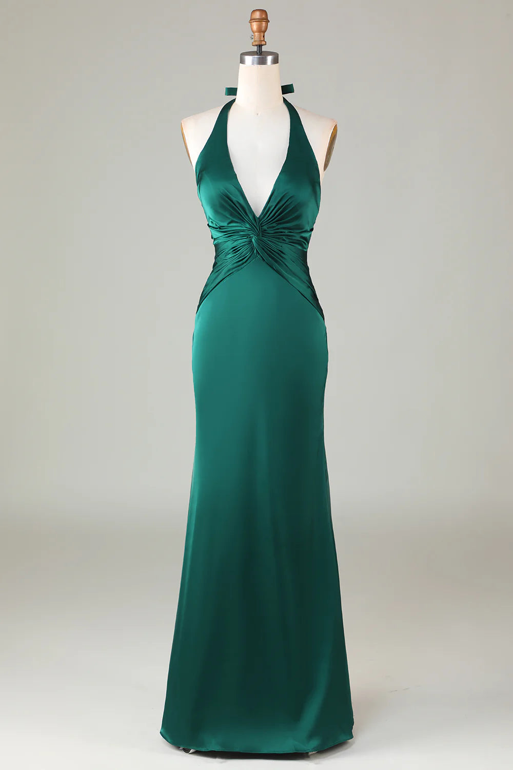 Mermaid Halter Dark Green Long Satin Bridesmaid Dress