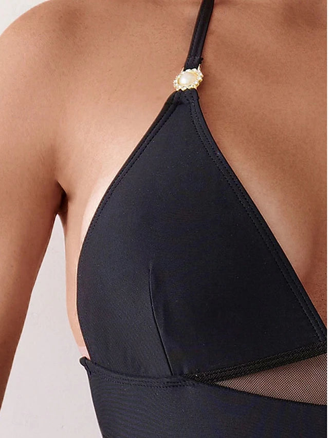 Women's Swimwear One Piece Monokini Swimsuit Mesh Tummy Control High Waist Slim Backless Vacation Beach Wear Solid Color V Neck Sleeveless Bathing Suits