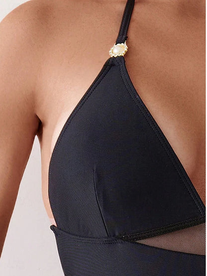 Women's Swimwear One Piece Monokini Swimsuit Mesh Tummy Control High Waist Slim Backless Vacation Beach Wear Solid Color V Neck Sleeveless Bathing Suits