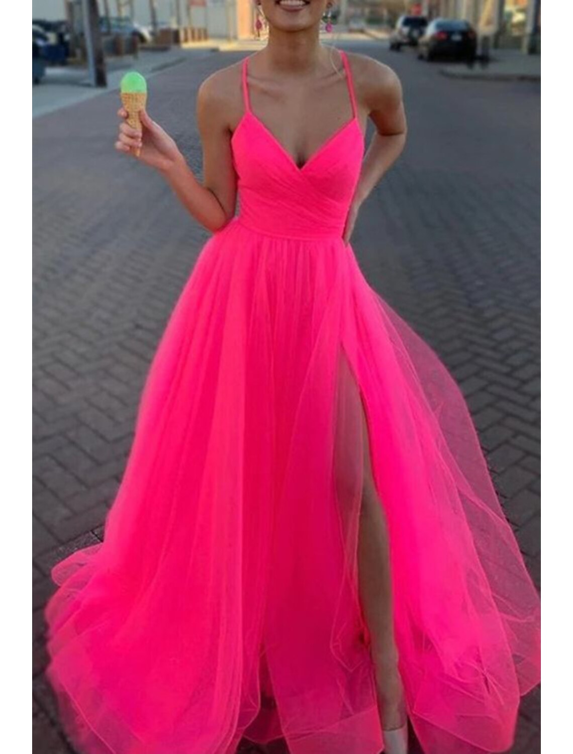 A-Line Prom Dresses Sexy Dress Wedding Party Birthday Court Train Sleeveless Spaghetti Strap Organza with Slit dress