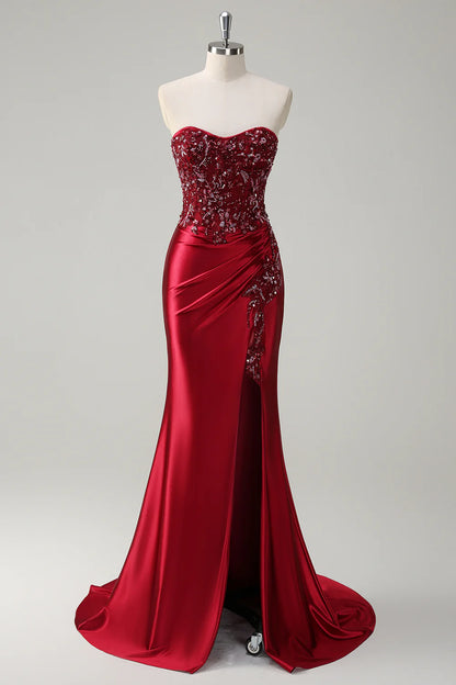 Sparkly Burgundy Floral Mermaid Beaded Corset Long Prom Dress with Slit