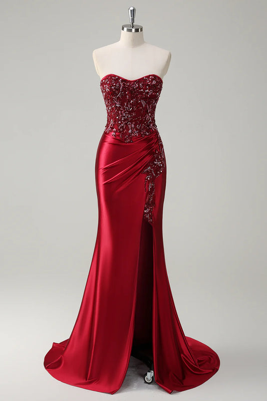 Sparkly Burgundy Floral Mermaid Beaded Corset Long Prom Dress with Slit