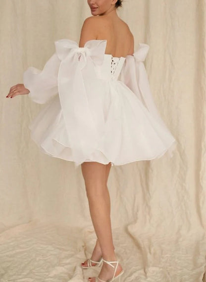 A-Line Puff Long Sleeves Short Wedding Dresses With Bows