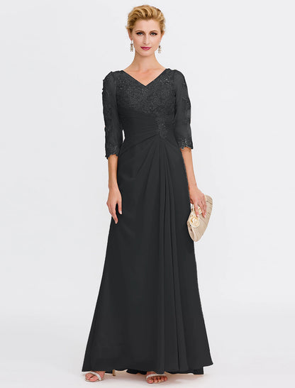 Beach Wedding A-Line Mother of the Bride Dress Wedding Guest Elegant Plus Size See Through V Neck Floor Length Chiffon Half Sleeve with Appliques