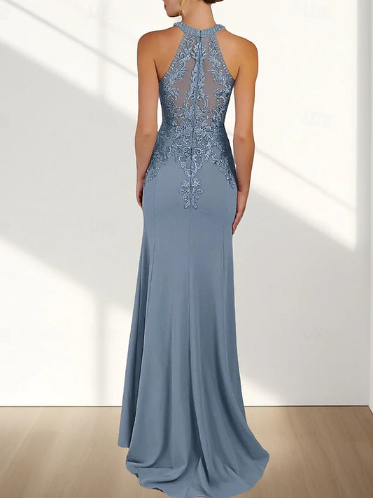 Slate Blue Halter Lace Mermaid Gown - Beaded Formal Evening Dress
