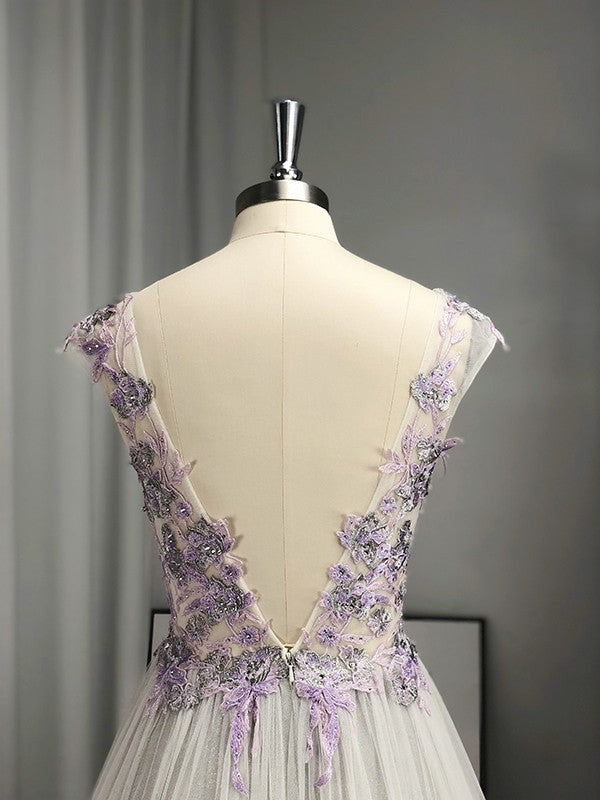 A-Line/Princess V-neck Tulle Applique Sleeveless Floor-Length Dresses