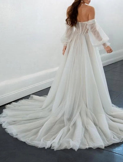 Wedding Dresses A-Line Off Shoulder Long Sleeve Court Train Chiffon Bridal Gowns With Ruched