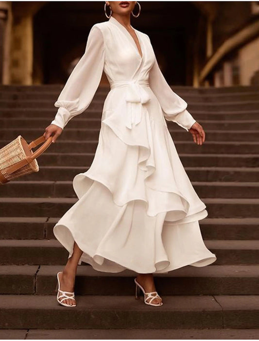 Reception Little White Dresses Wedding Dresses A-Line V Neck Long Sleeve Asymmetrical Chiffon Bridal Gowns With Cascading Ruffles Solid Color dress