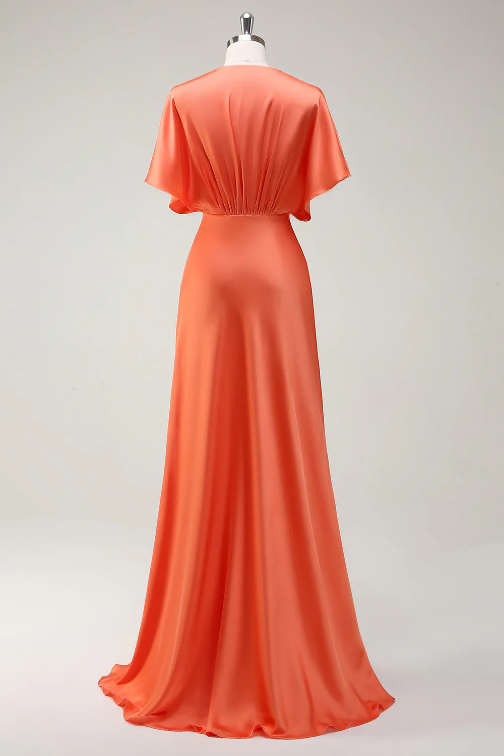 Sunset A-Line Satin V-Neck Long Bridesmaid Dress with Short Sleeves