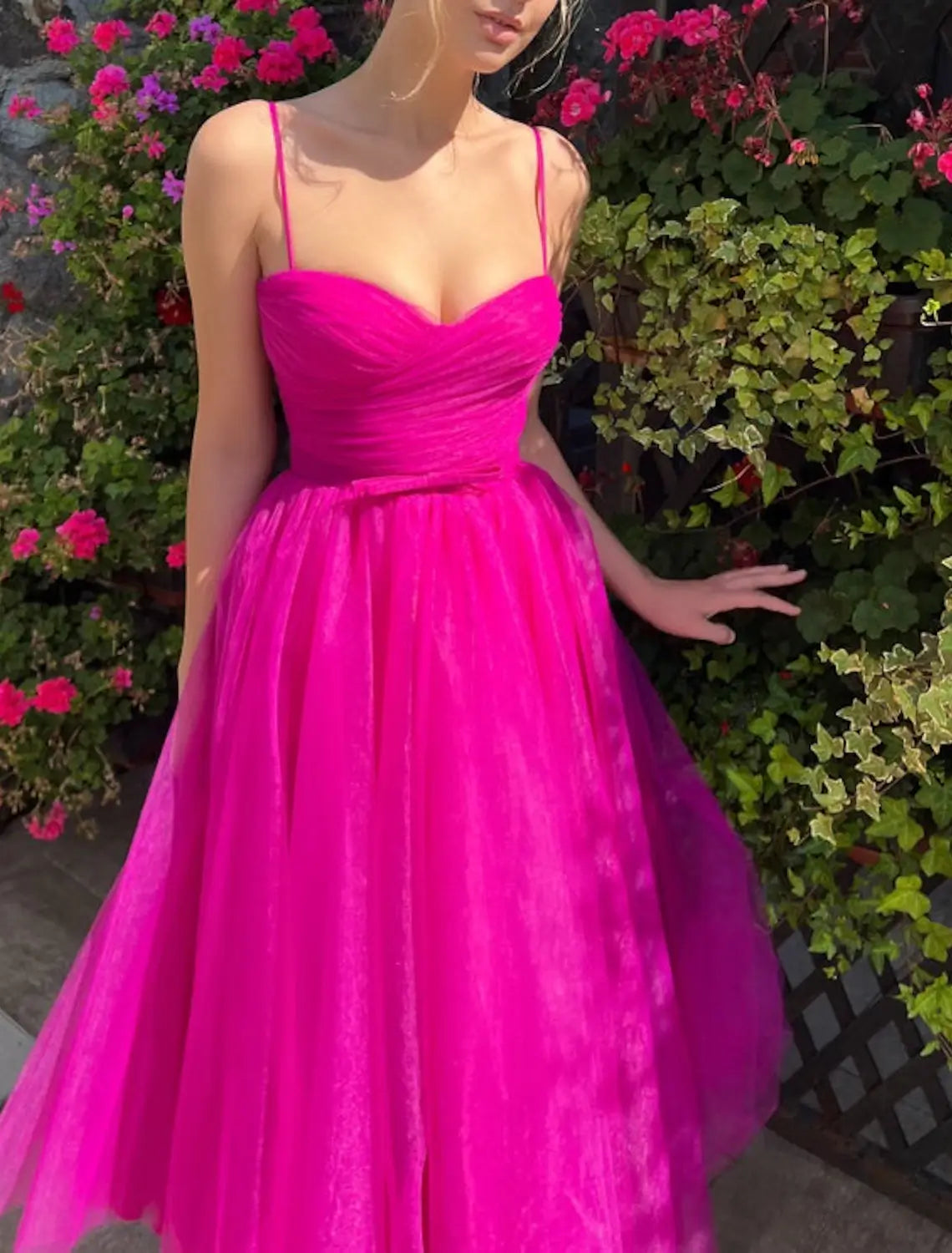 A-Line Evening Gown Elegant Dress Wedding Guest Graduation Tea Length Sleeveless Spaghetti Strap Bridesmaid Dress Tulle with Sash / Ribbon Pure Color