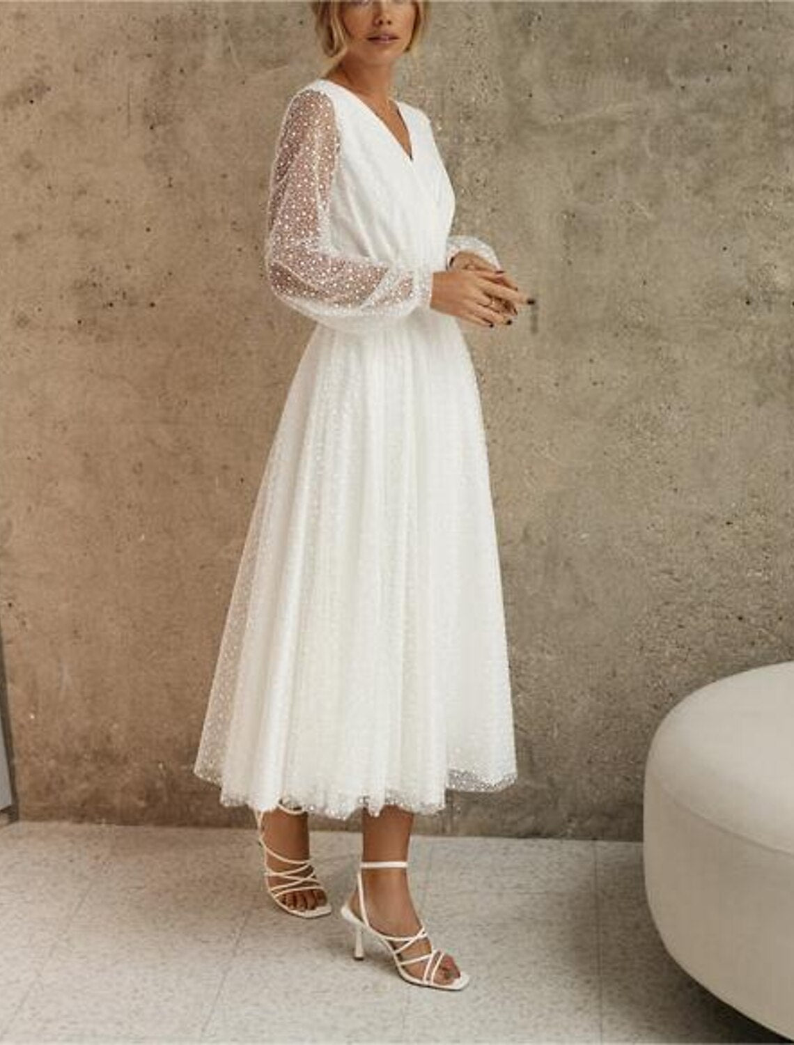 Beach Little White Dresses Wedding Dresses A-Line V Neck Long Sleeve Tea Length Sequined Bridal Gowns With Beading Solid Color