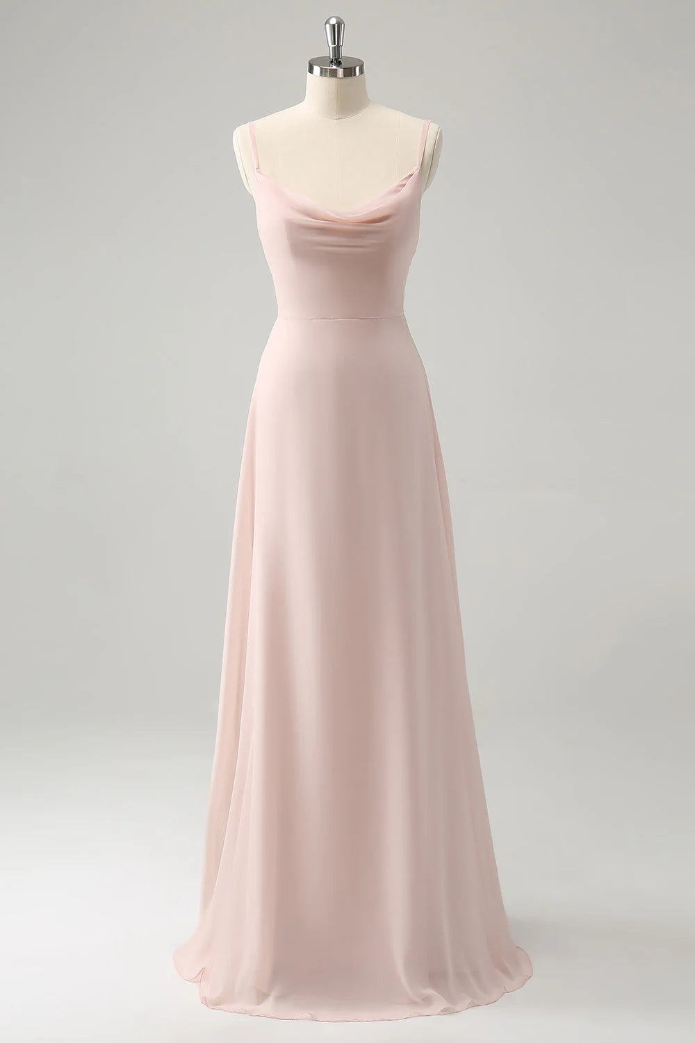 Pink Spaghetti Straps Cowl Neck Chiffon Bridesmaid Dress