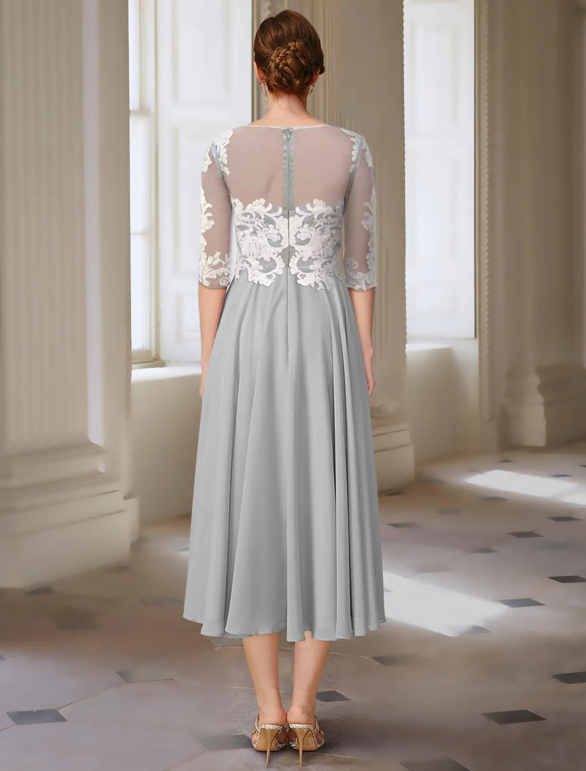 A-Line Mother of the Bride Dress Elegant Jewel Neck Asymmetrical Ankle Length Chiffon Lace 3/4 Length Sleeve with Appliques