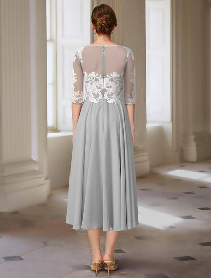 A-Line Mother of the Bride Dress Elegant Jewel Neck Asymmetrical Ankle Length Chiffon Lace 3/4 Length Sleeve with Appliques