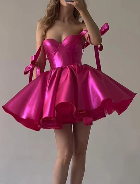 A-Line Homecoming Dresses Corsets Dress Holiday Graduation Short / Mini Sleeveless Spaghetti Strap Pink Dress Satin with Bow(s) dress