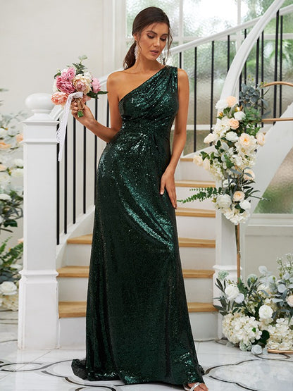 Sheath/Column Sequins Ruched One-Shoulder Sleeveless Sweep/Brush Train Bridesmaid Dresses