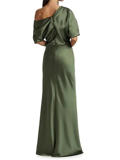 Sheath/Column Elastic Woven Satin Ruched One-Shoulder 1/2 Sleeves Floor-Length Mother of the Bride Dresses